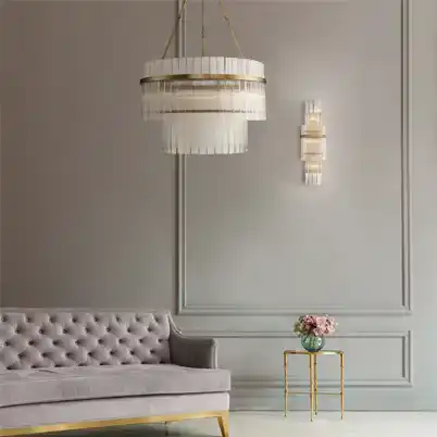 Chandelier above couch