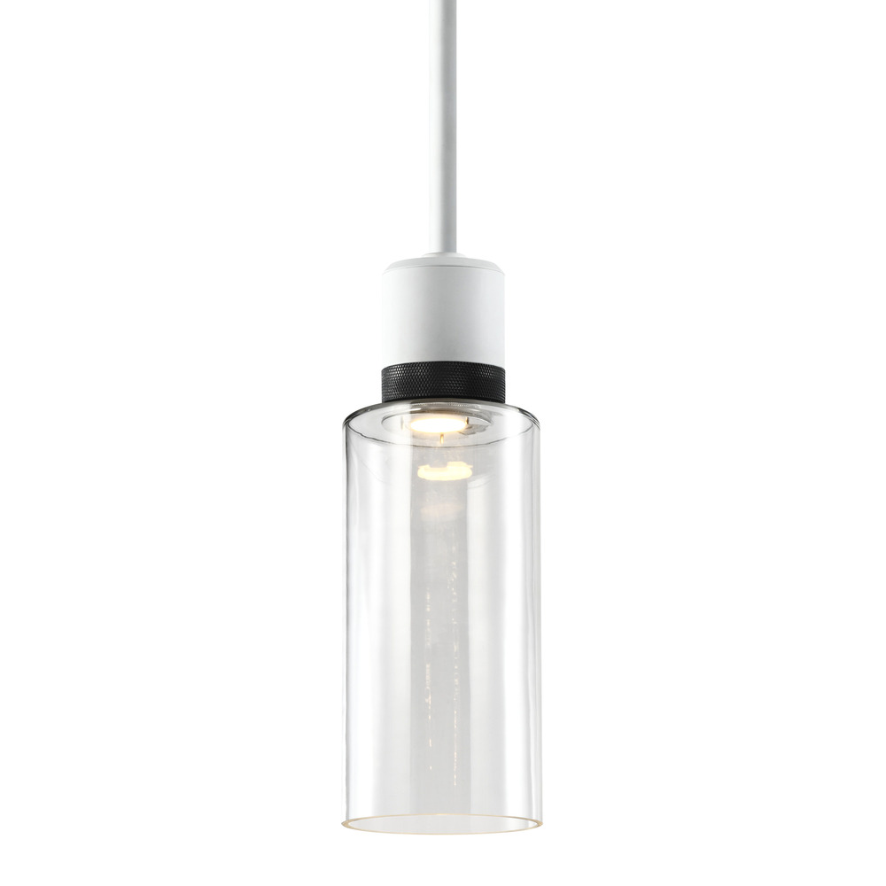 6" LED 3CCT Cylindrical Drum Pendant Light, 12" Clear Glass and Matte White with Black Metal