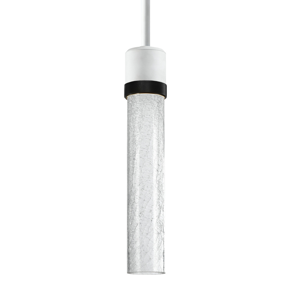 3" LED 3CCT Cylindrical Pendant Light, 12" Crackled Glass and Matte White with Black Finish