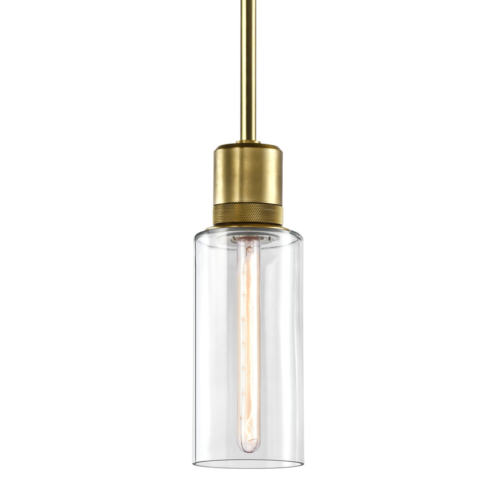 6" E26 Cylindrical Drum Pendant Light, 12" Clear Glass and Aged Brass Metal Finish