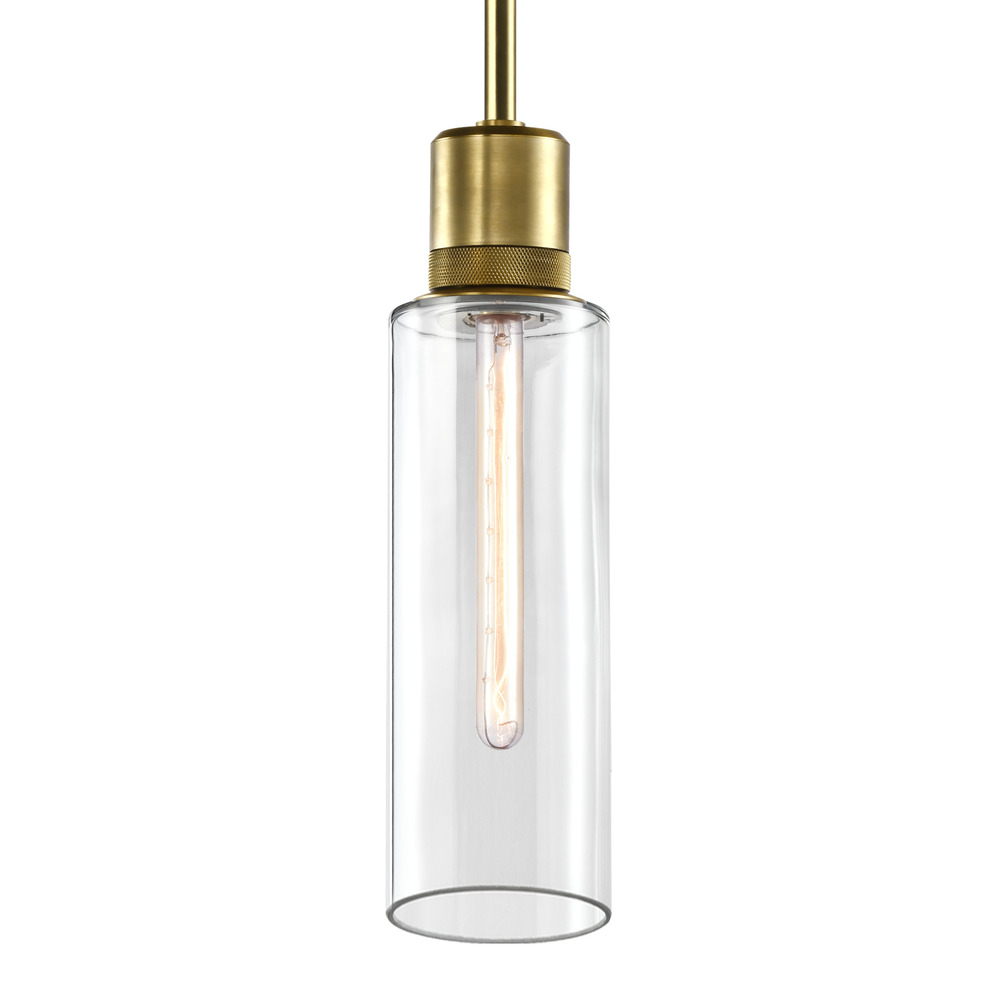 6" E26 Cylindrical Drum Pendant Light, 18" Clear Glass and Aged Brass Metal Finish