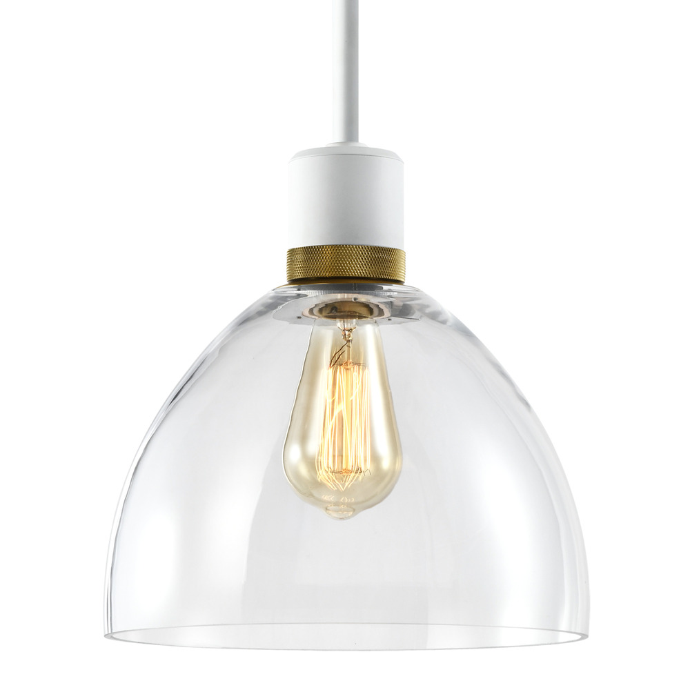 10" E26 Clear Dome Glass Pendant Light and Matte White with Brass Metal Finish