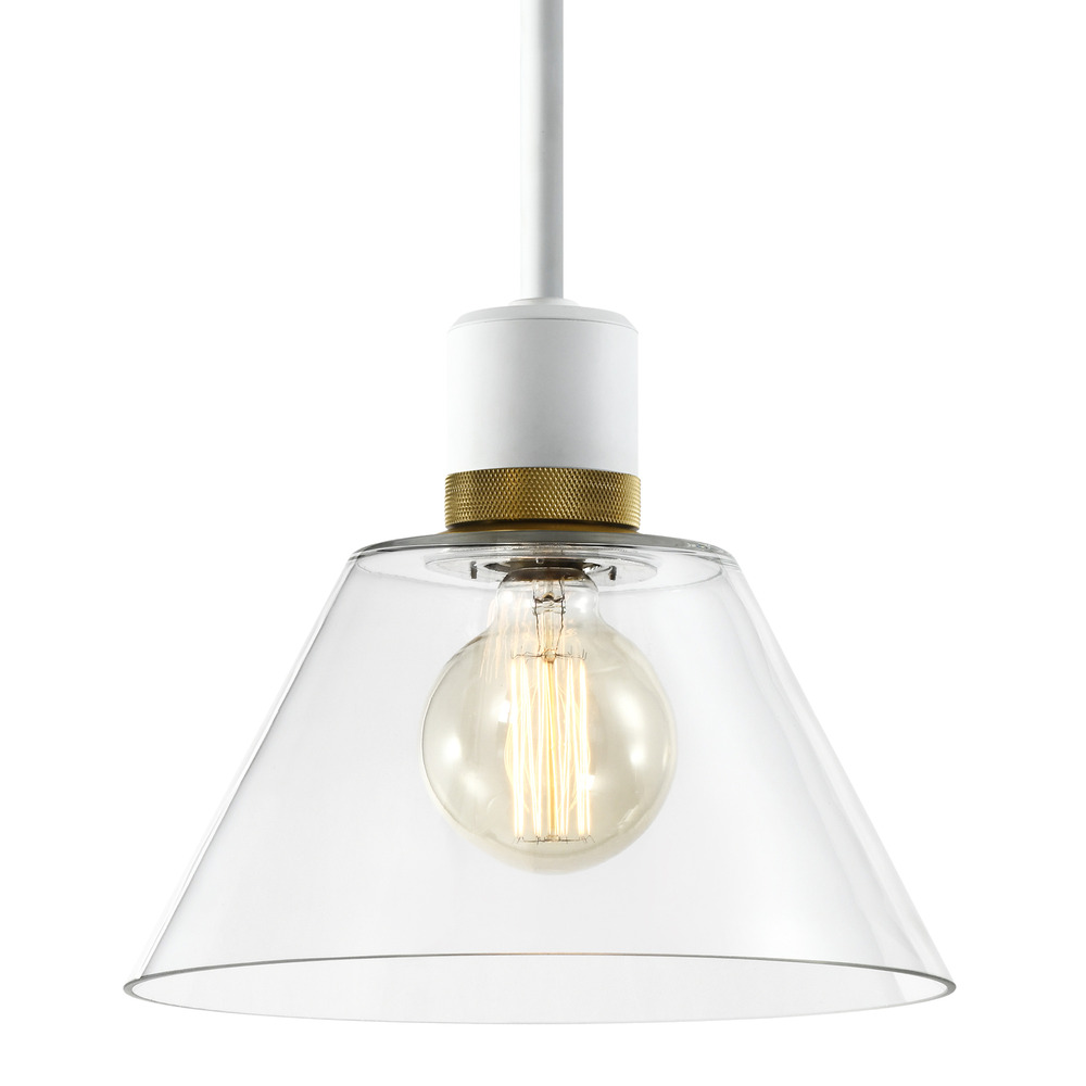 12" E26 Clear Cone Glass Pendant Light and Matte White with Brass Metal Finish
