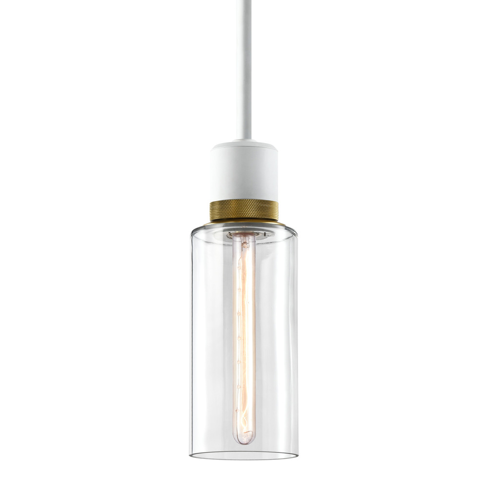 6" E26 Cylindrical Drum Pendant Light, 12" Clear Glass and Matte White with Brass Metal Fini