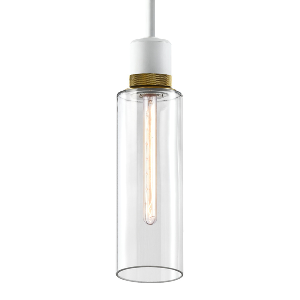 6" E26 Cylindrical Drum Pendant Light, 18" Clear Glass and Matte White with Brass Metal Fini