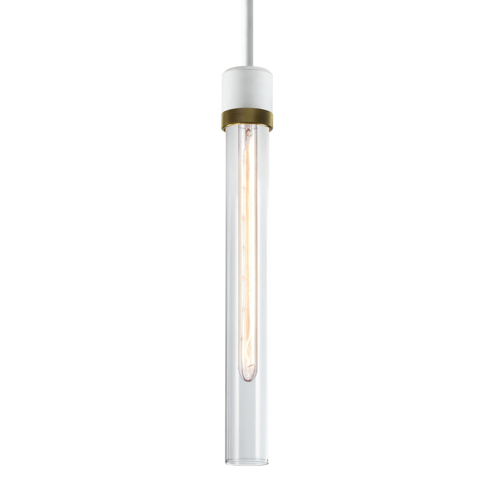 3" E26 Cylindrical Pendant Light, 18" Clear Glass and Matte White with Brass Finish