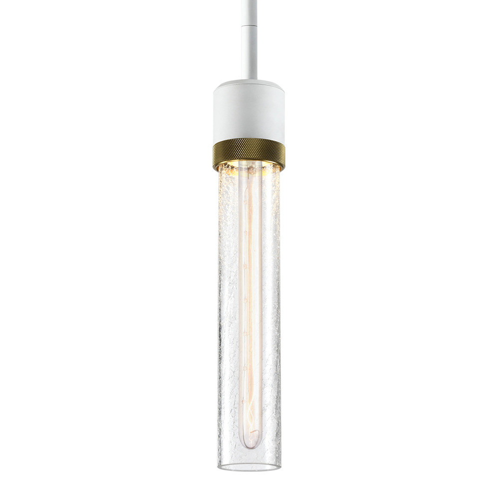 3" E26 Cylindrical Pendant Light, 12" Crackled Glass and Matte White with Brass Finish