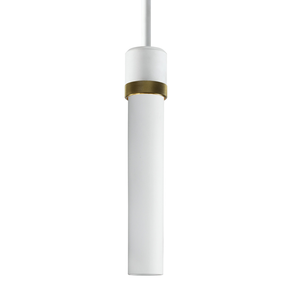 3" E26 Cylindrical Pendant Light, 12" Frosted Glass and Matte White with Brass Finish