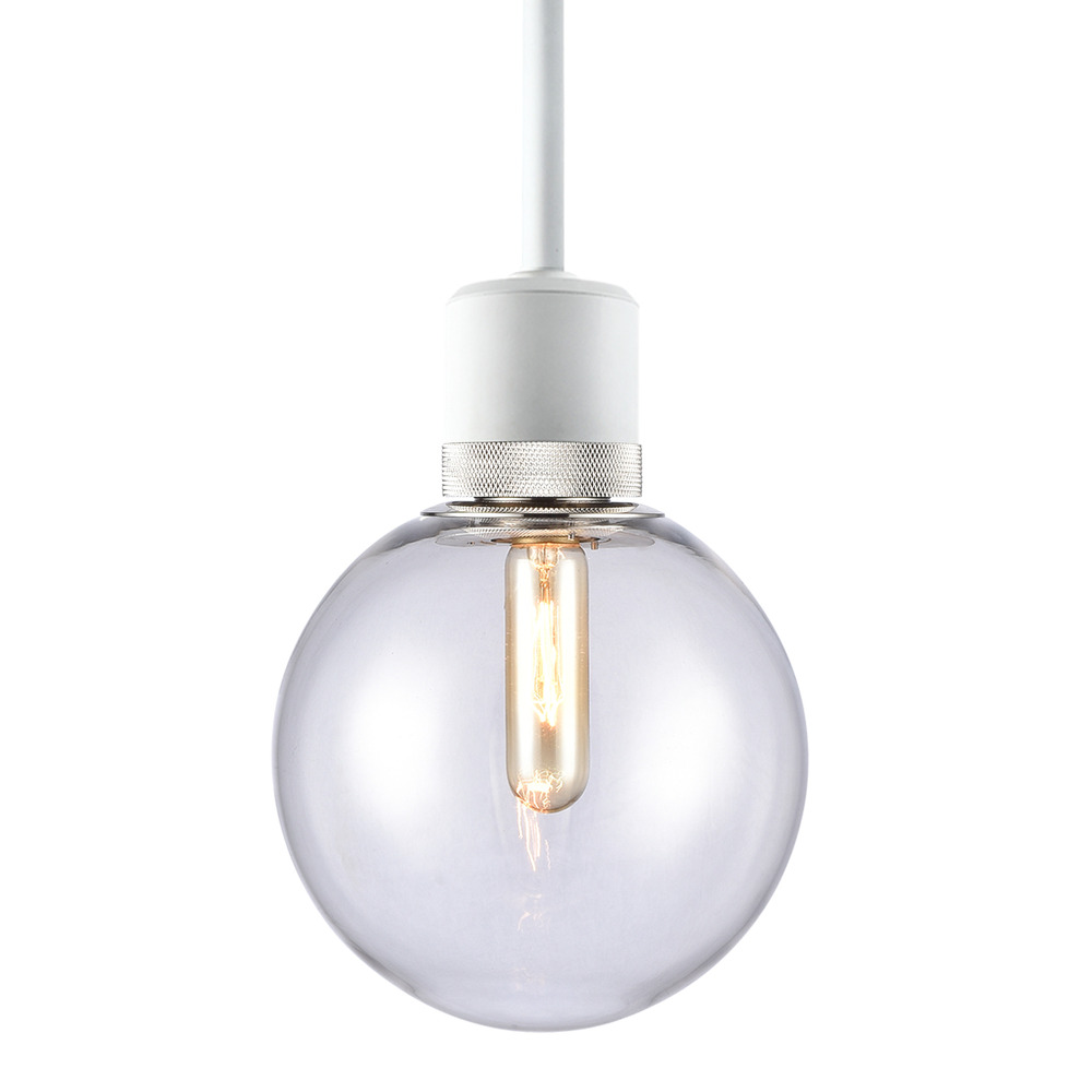 8" E26 Clear Globe Glass Pendant Light and Matte White with Nickel Metal Finish