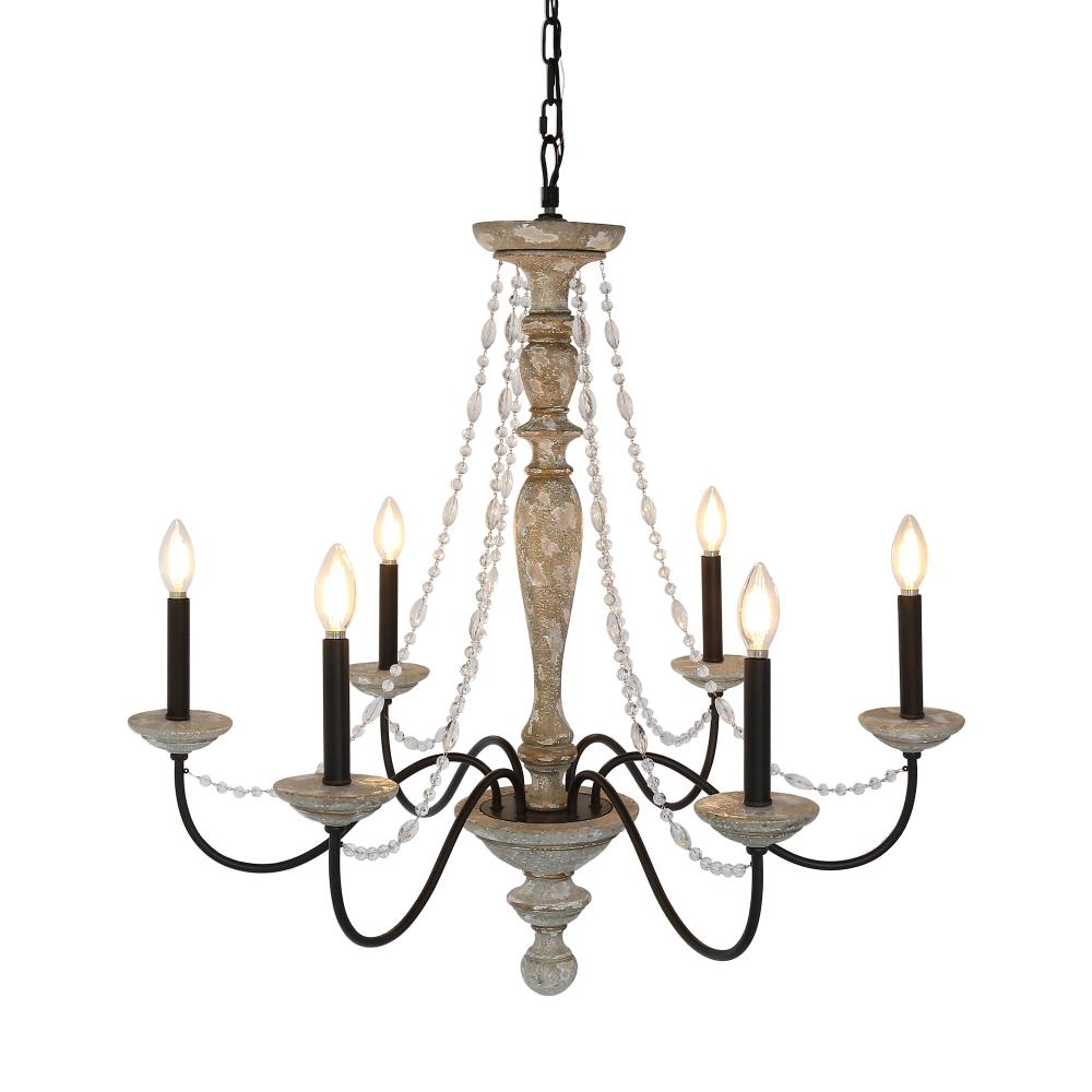 Jane French Country Rustic 6-Light Distressed Wood Chandelier, Crystal